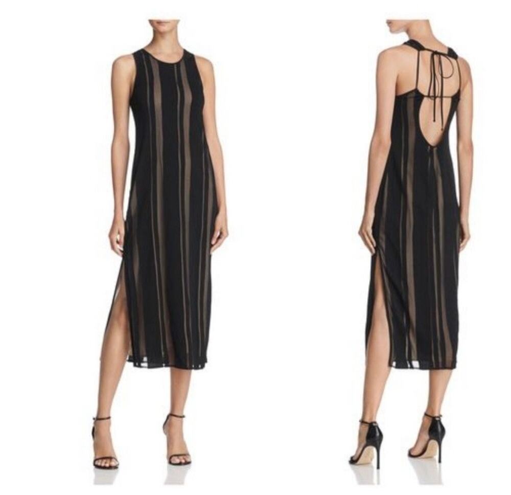 Elizabeth and James Talla Black Striped Print Tie Back Sleeveless Midi Dress 0